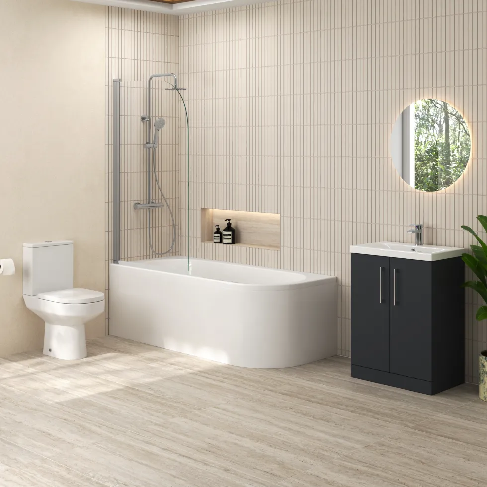 Erin Modern Shower Bath Suite with 1700mm J Shaped Bath & Rimless Toilet