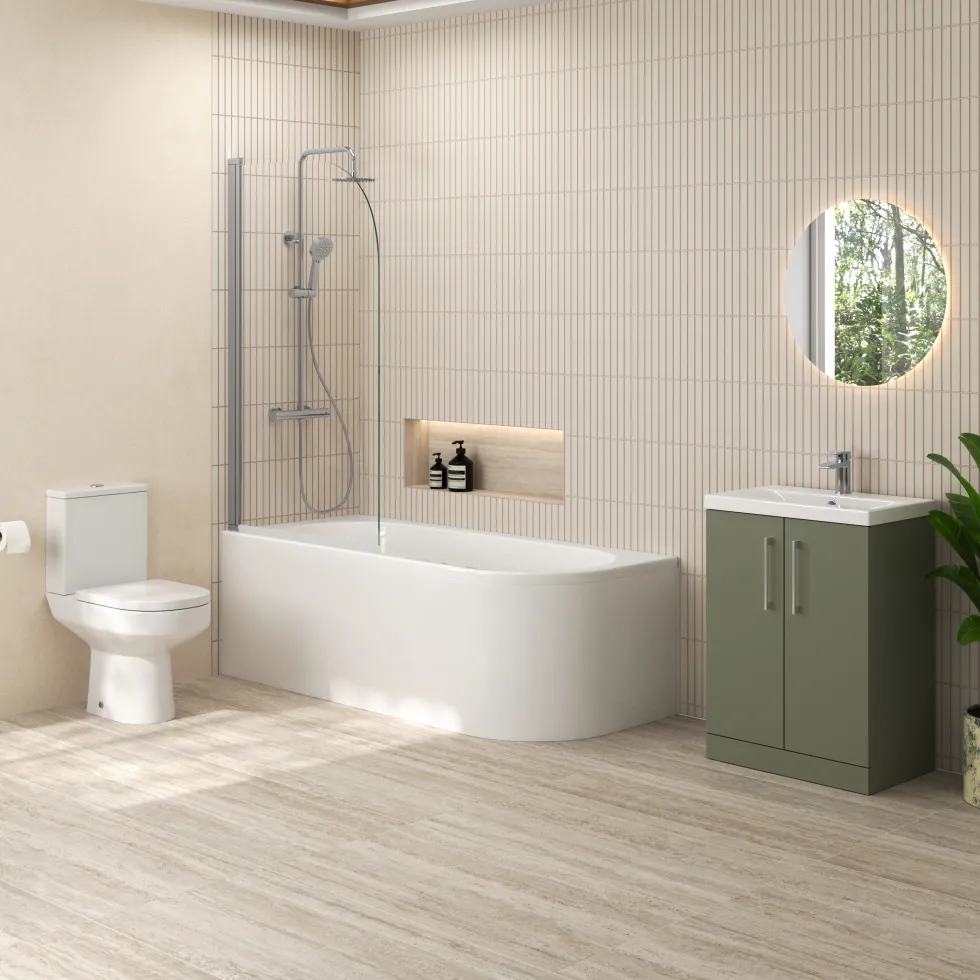 Erin Modern Shower Bath Suite with 1700mm J Shaped Bath & Rimless Toilet