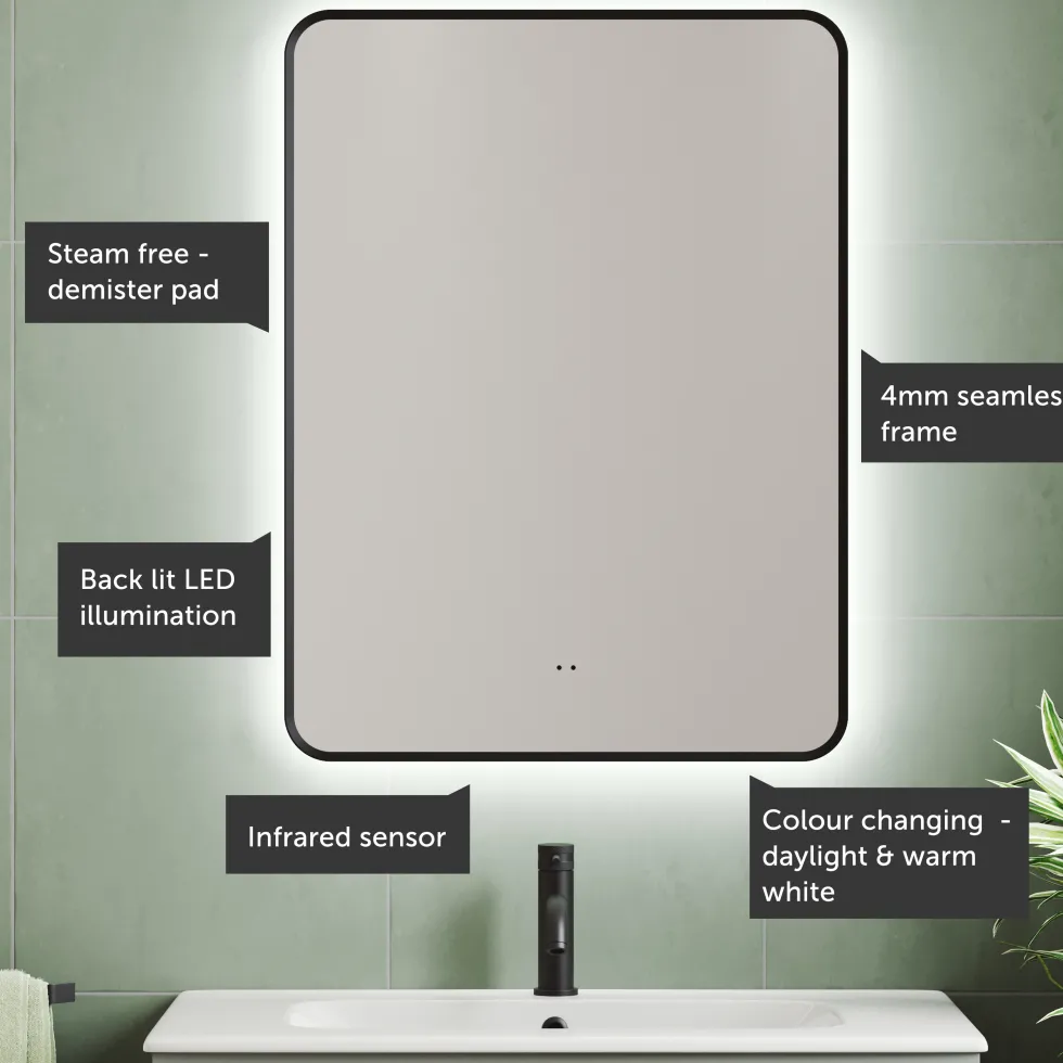 Finn LED Illuminated Framed Mirror with Demister Pad & Colour Change Lights - 600 x 800mm