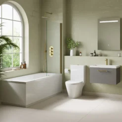Freddie Brushed Brass Reinforced Shower Bath Suite with Rimless Toilet