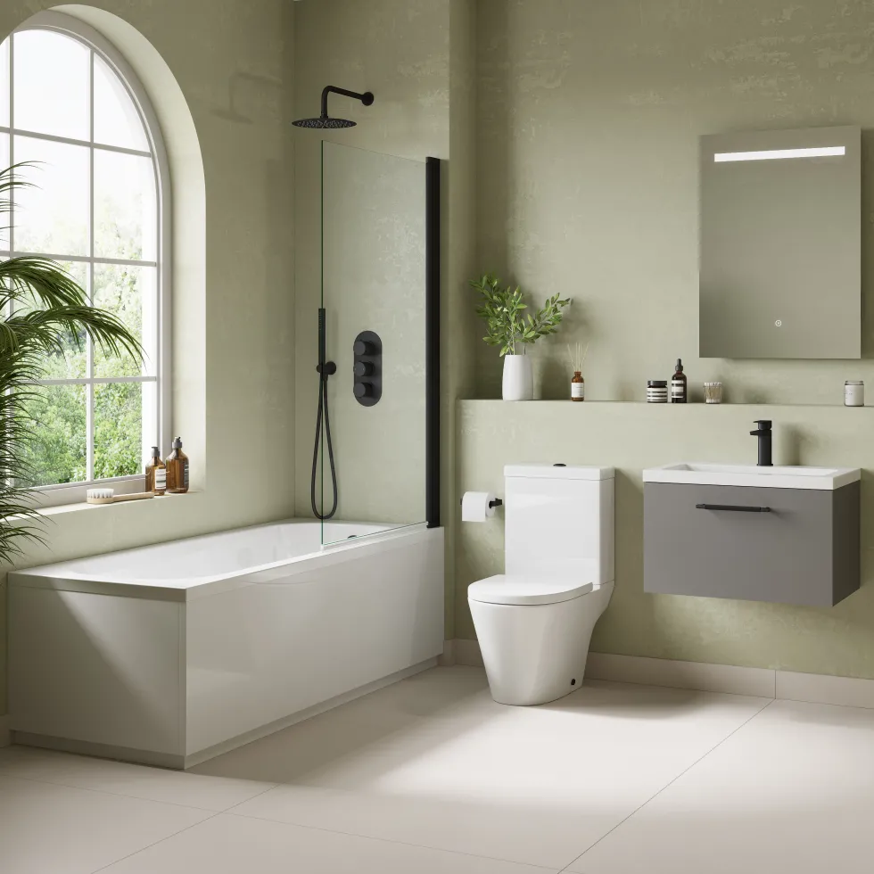 Freddie Matt Black Reinforced Shower Bath Suite with Rimless Toilet