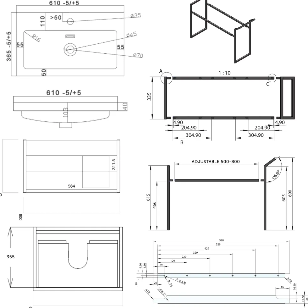 Freddie 600mm Wall Hung Vanity Unit & Basin with Matt Black Frame