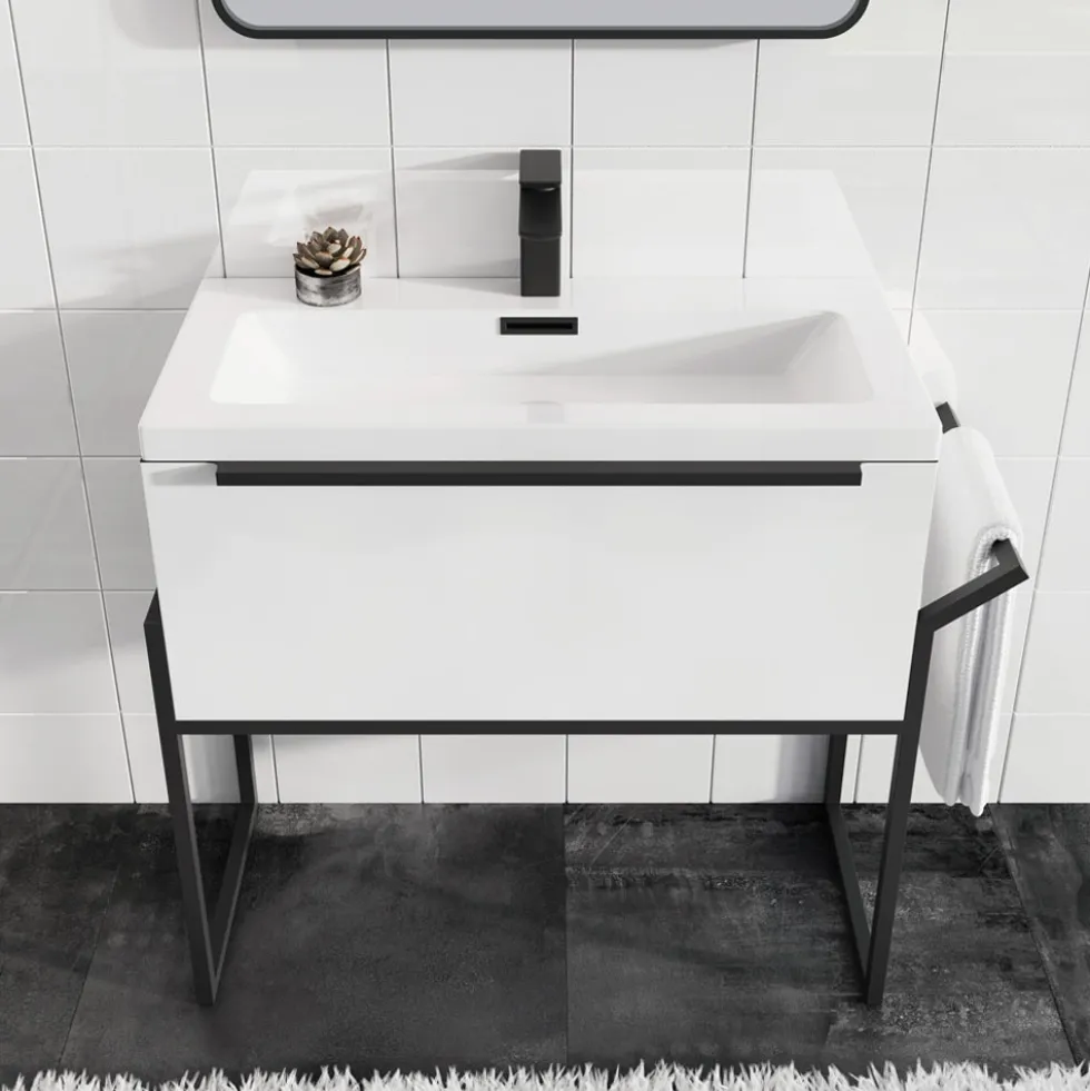 Freddie 800mm Wall Hung Vanity Unit & Basin with Matt Black Frame