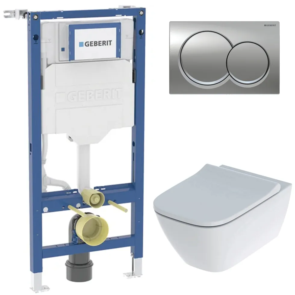 Geberit Wall-Hung 4-in-1 Sigma Cistern, Frame, Flush Plate, Smyle Rimless Pan & Soft Close Seat Pack