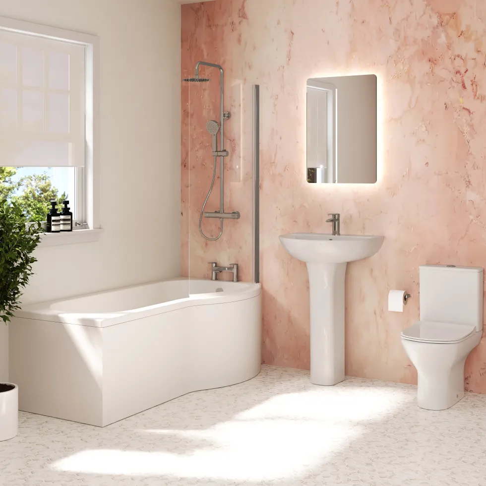 Harbour Acclaim Complete Bathroom Suite with 1700mm P Shape Shower Bath & Rimless Toilet