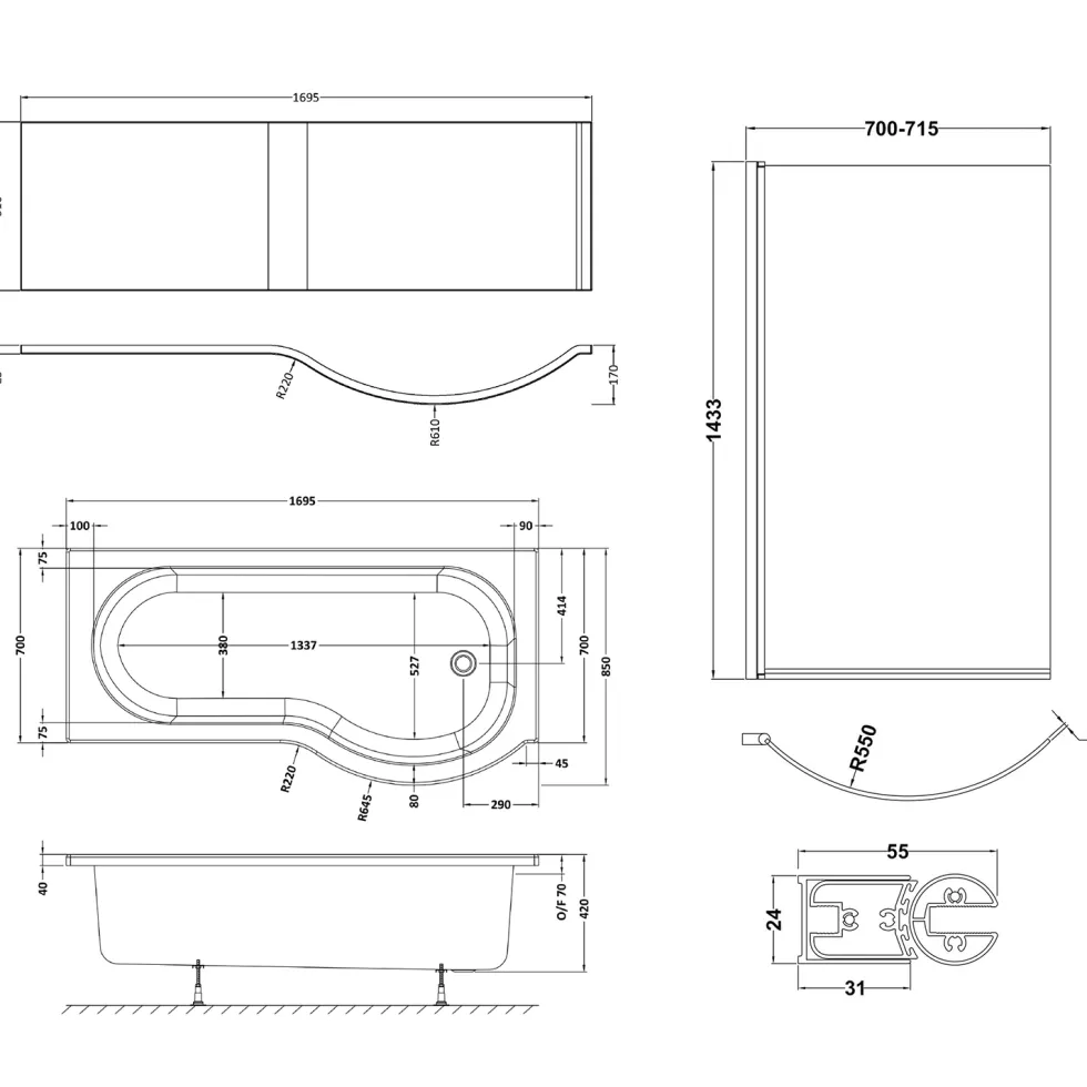 Harbour Acclaim Complete Bathroom Suite with 1700mm P Shape Shower Bath & Rimless Toilet