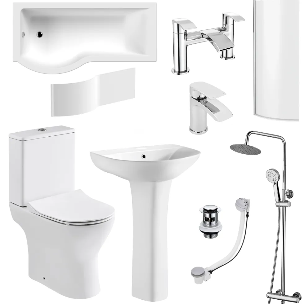 Harbour Acclaim Complete Bathroom Suite with 1700mm P Shape Shower Bath & Rimless Toilet