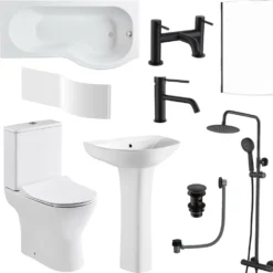Harbour Acclaim Complete Matt Black Bathroom Suite with 1700mm P Shaped Shower Bath & Rimless Toilet