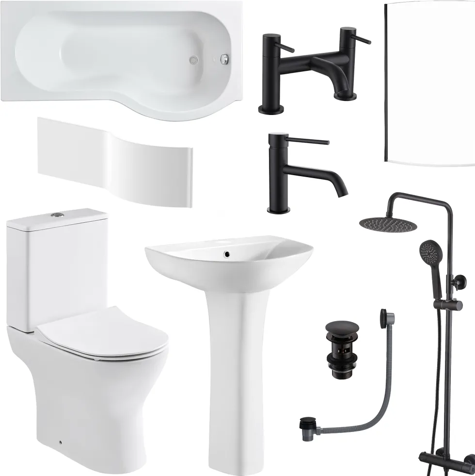 Harbour Acclaim Complete Matt Black Bathroom Suite with 1700mm P Shaped Shower Bath & Rimless Toilet