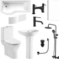 Harbour Acclaim Complete Matt Black Bathroom Suite with 1700mm P Shaped Shower Bath & Rimless Toilet