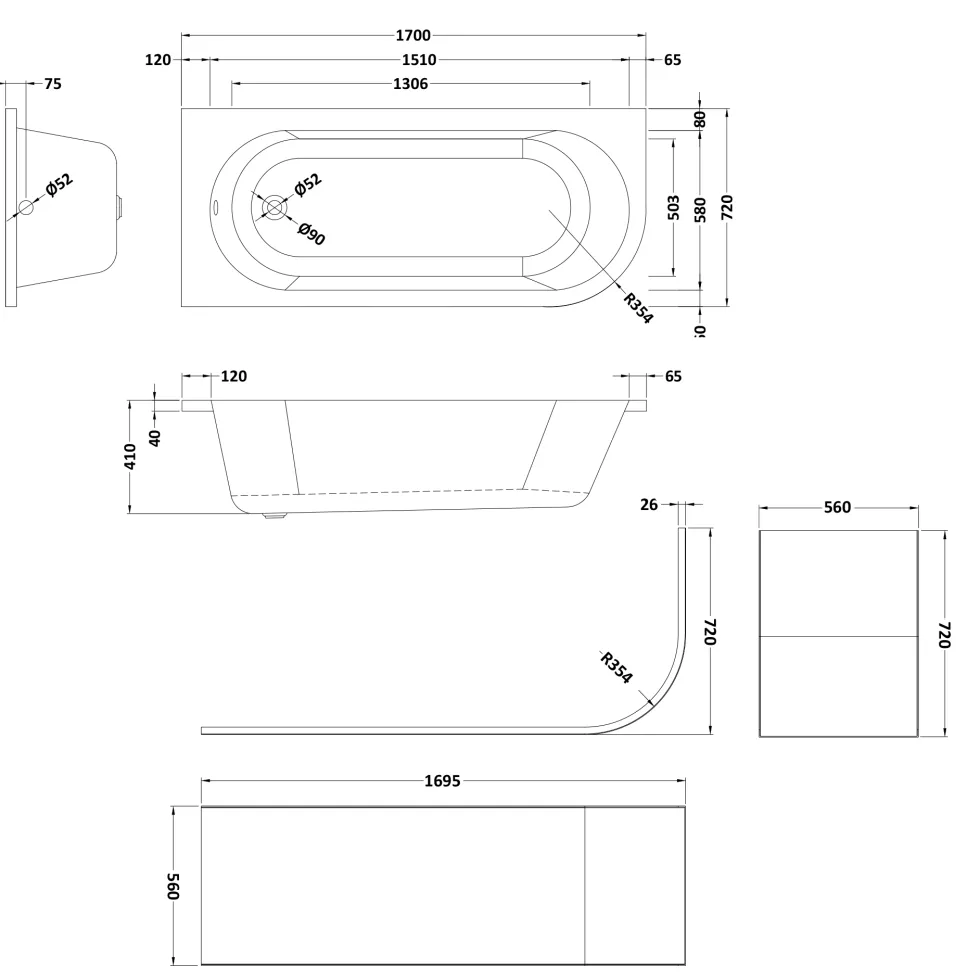 Harbour Acclaim 1700mm J Shaped Shower Bath Suite with Rimless Toilet