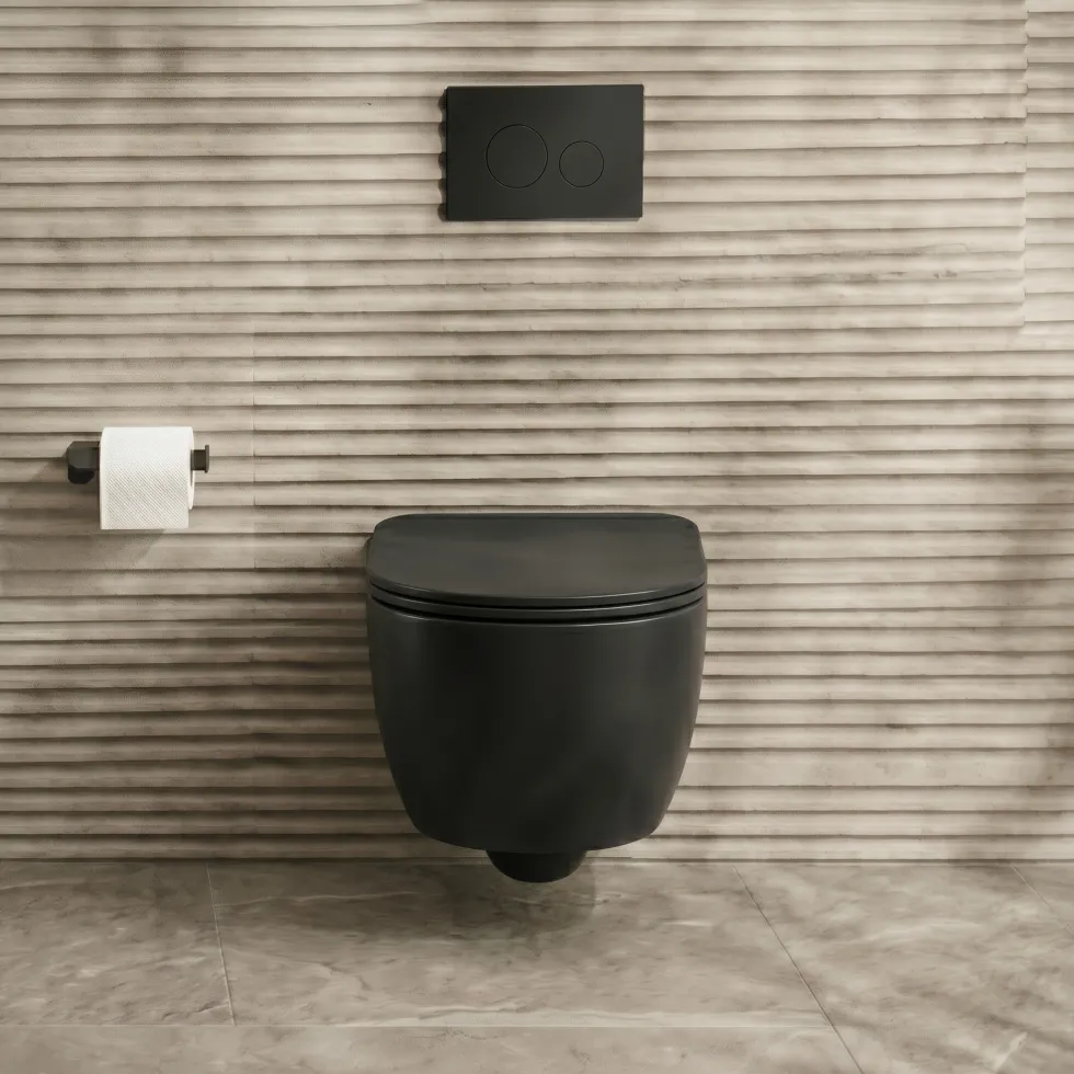 Harbour Acclaim Rimless Round Wall Hung Toilet & Slim Soft Close Seat - Matt Black