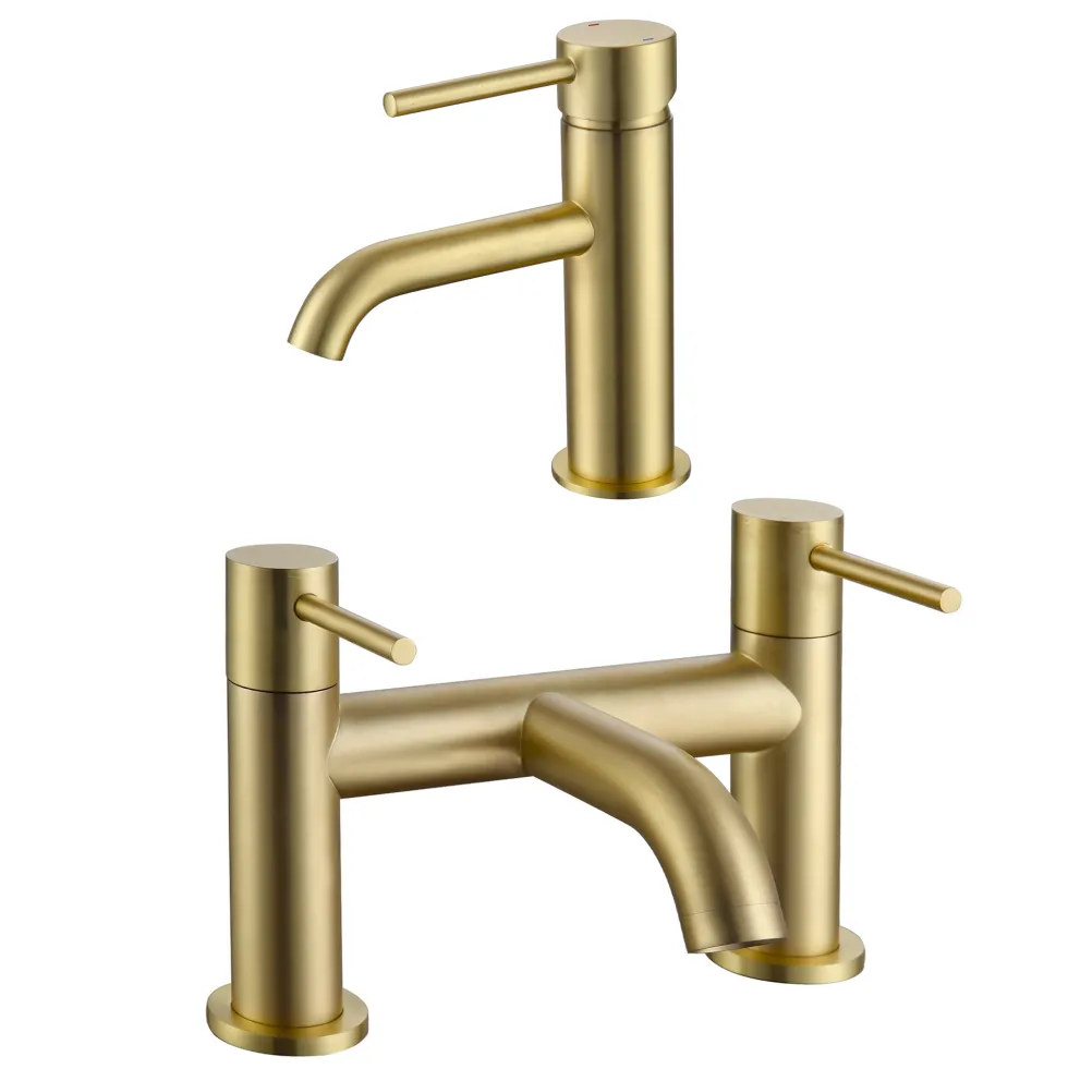 Harbour Clarity Brushed Brass Basin Mixer Tap & Waste and Deck Mounted Bath Mixer Tap