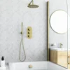 Harbour Clarity Brushed Brass Shower Package with 3 Outlet Valve, Fixed Head & Arm, Wall Shower Kit and Overflow Bath Filler