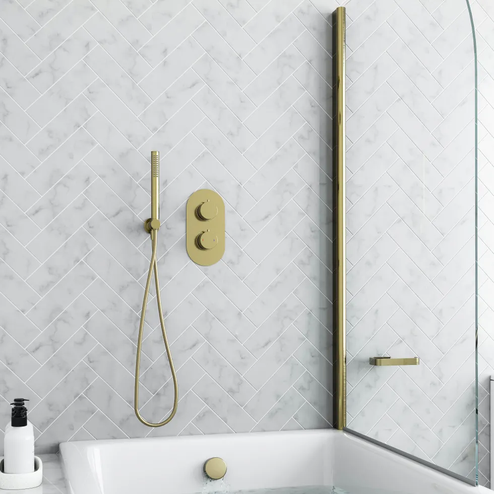Harbour Clarity Brushed Brass Shower Package with 2 Outlet Valve, Wall Shower Kit and Overflow Bath Filler