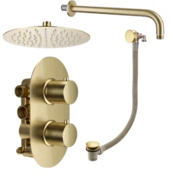 Harbour Clarity Brushed Brass Shower Package with 2 Outlet Valve, Fixed Head & Arm and Overflow Bath Filler