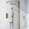 Harbour Clarity Brushed Brass Shower Package with 2 Outlet Valve, Fixed Head & Arm and Slide Rail Shower Kit