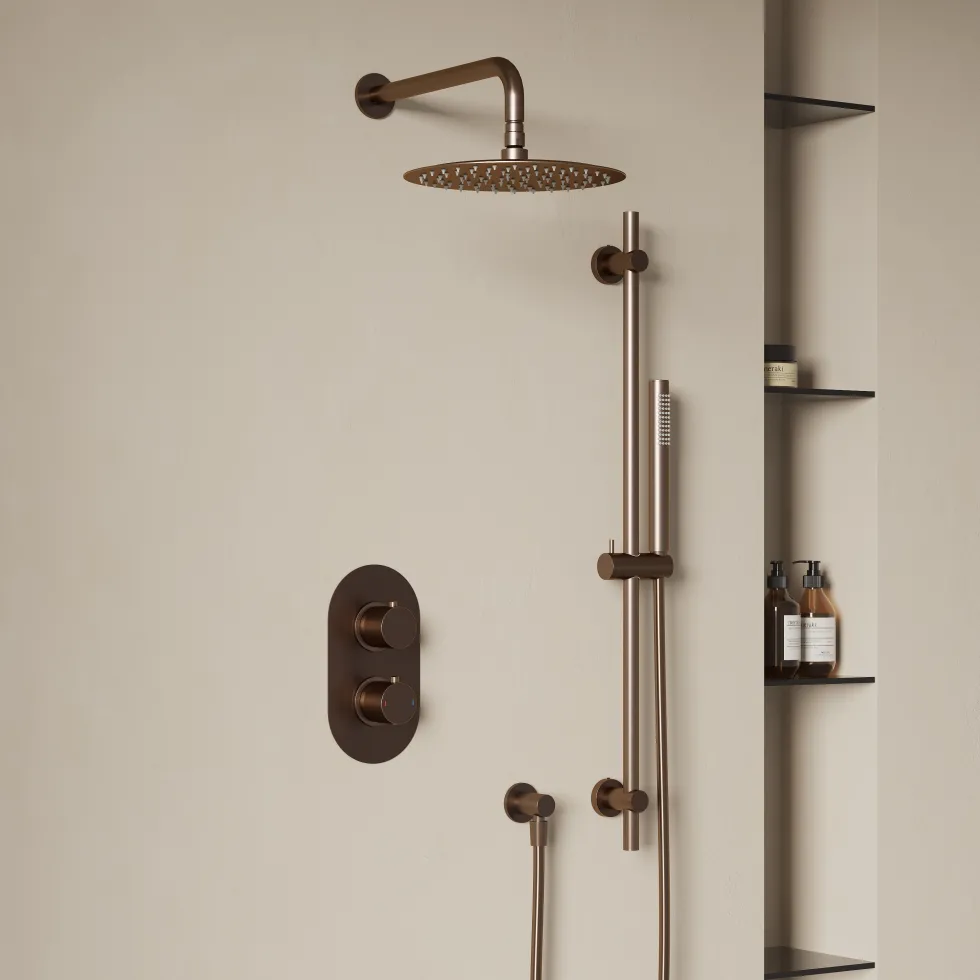 Harbour Clarity Brushed Bronze Shower Package with 2 Outlet Valve, Fixed Head & Wall Mounted Arm and Slide Rail Shower Kit