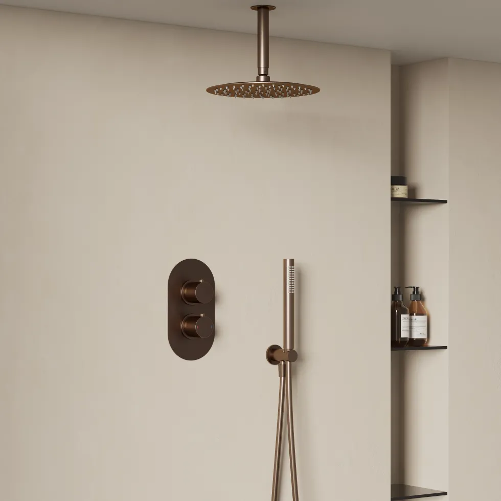 Harbour Clarity Brushed Bronze Shower Package with 2 Outlet Valve, Fixed Head & Ceiling Arm and Wall Shower Kit