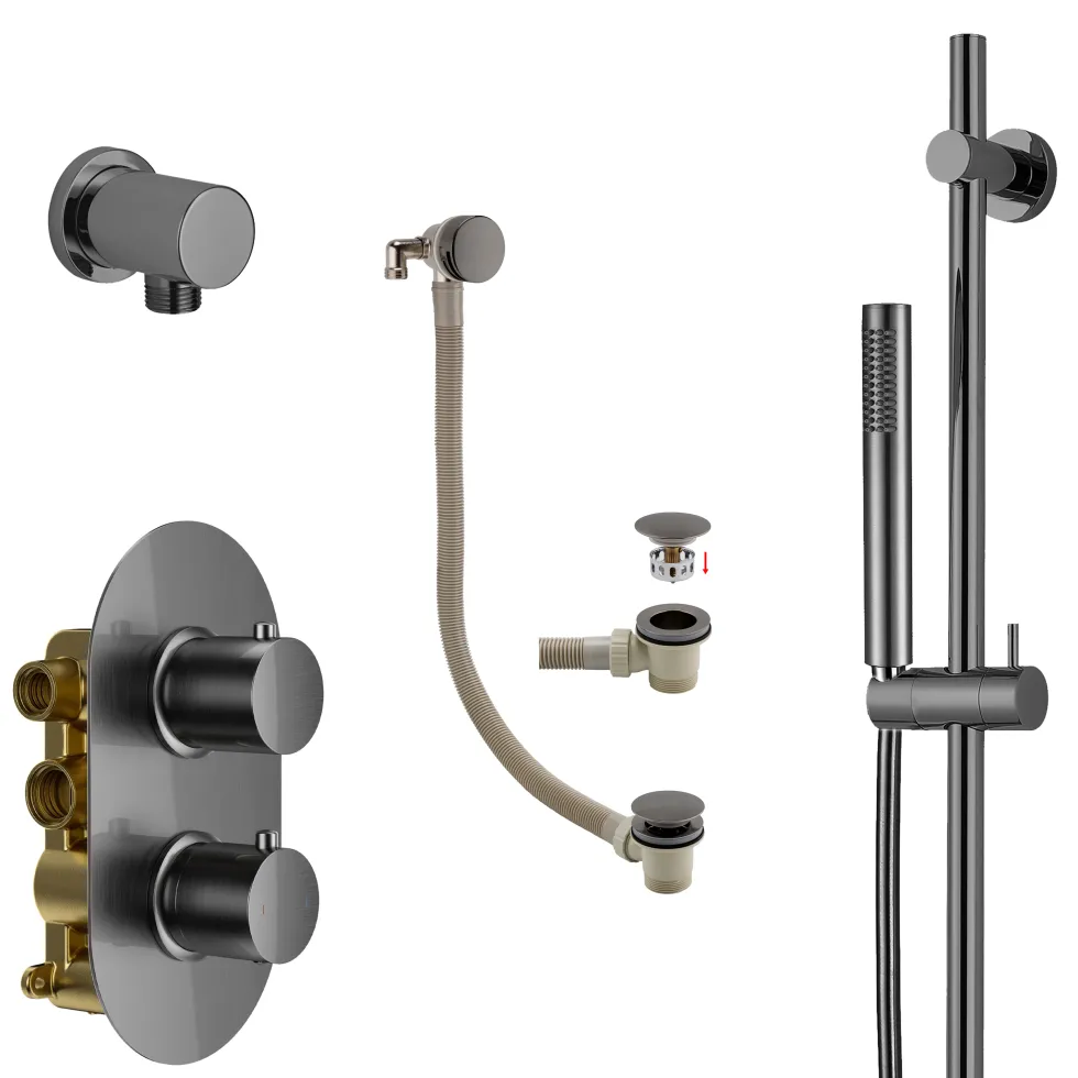 Harbour Clarity Gunmetal Shower Package with 2 Outlet Valve, Slide Rail Kit and Overflow Bath Filler