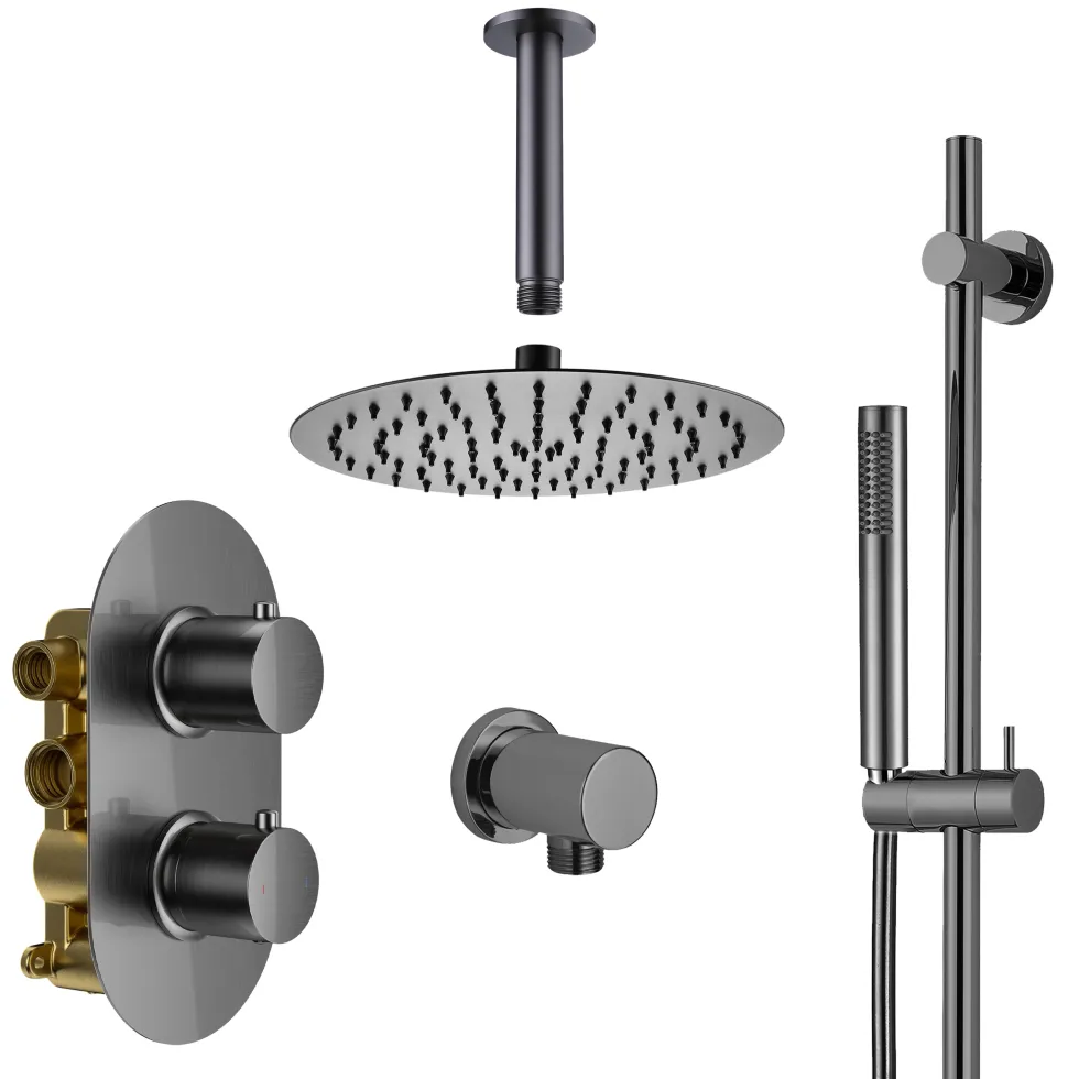 Harbour Clarity Gunmetal Shower Package with 2 Outlet Valve, Fixed Head & Ceiling Arm and Slide Rail Shower Kit