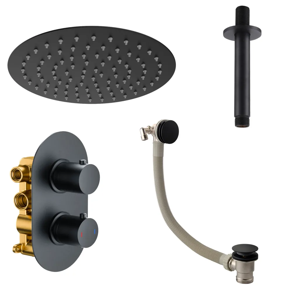 Harbour Clarity Matt Black Concealed Shower Valve, Fixed Ceiling Mounted Head and Overflow Bath Filler