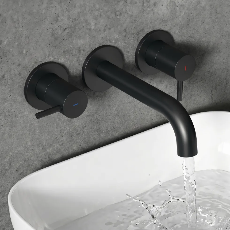 Harbour Clarity Matt Black 3 Hole Wall Mounted Basin Tap with Easy Plumb Installation Kit