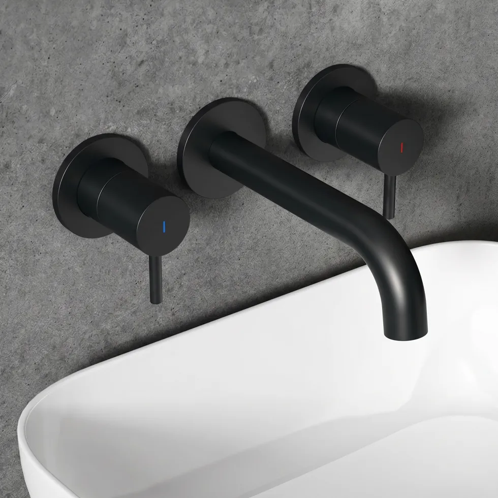 Harbour Clarity Matt Black 3 Hole Wall Mounted Basin Tap with Easy Plumb Installation Kit