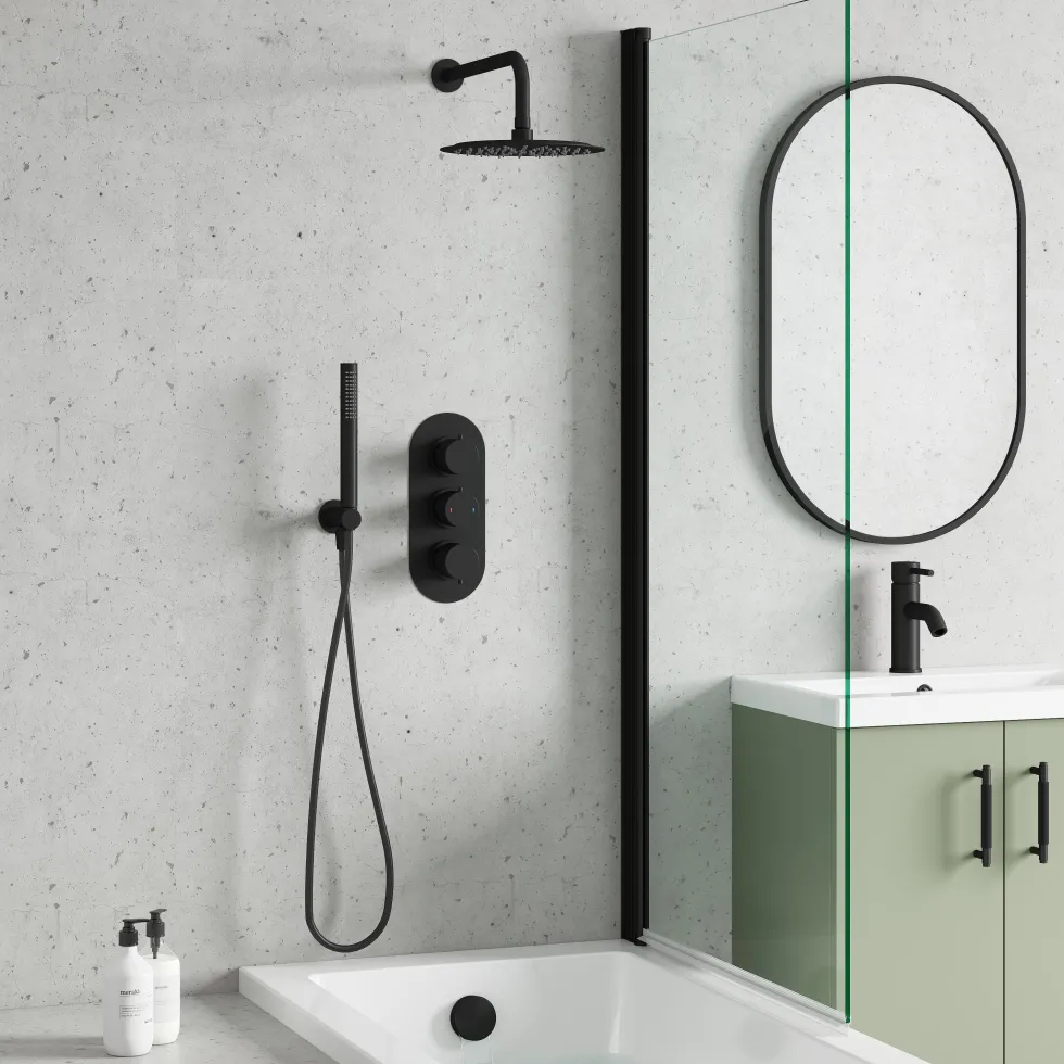 Harbour Clarity Matt Black Shower Package with 3 Outlet Valve, Fixed Head & Arm, Wall Shower Kit & Overflow Bath Filler