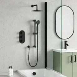 Harbour Clarity Matt Black Shower Package with 3 Outlet Valve, Fixed Head & Arm, Shower Rail Kit & Overflow Bath Filler