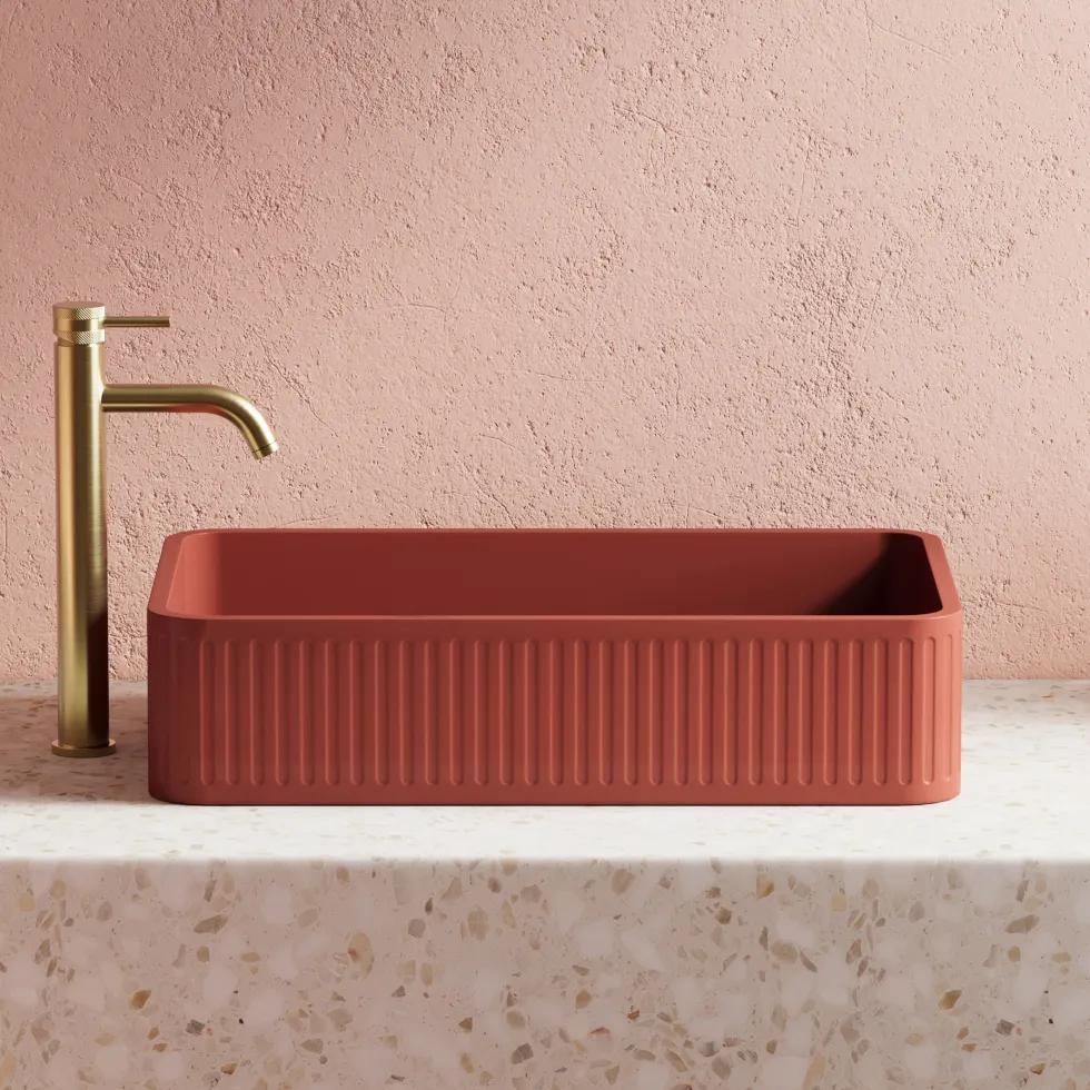 Harbour Concrete 520mm Fluted Rectangular Countertop Basin - Brick Red