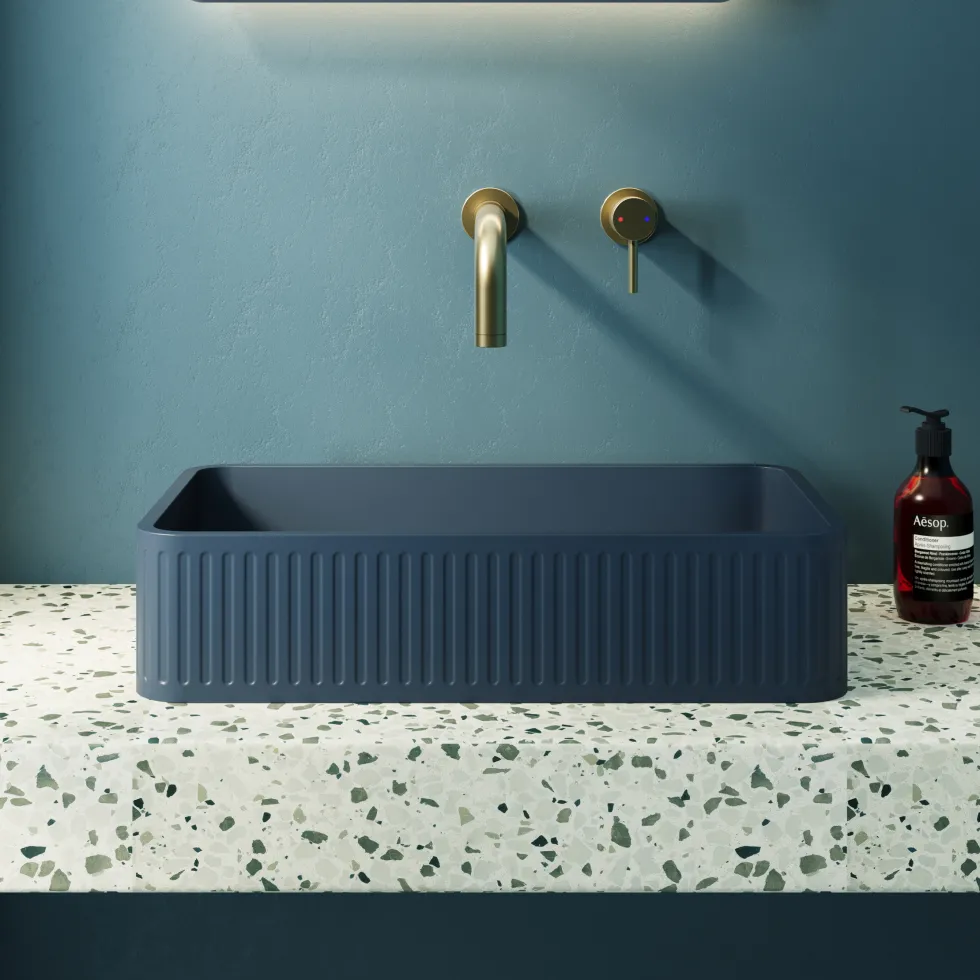 Harbour Concrete 520mm Fluted Rectangular Countertop Basin - Navy Blue