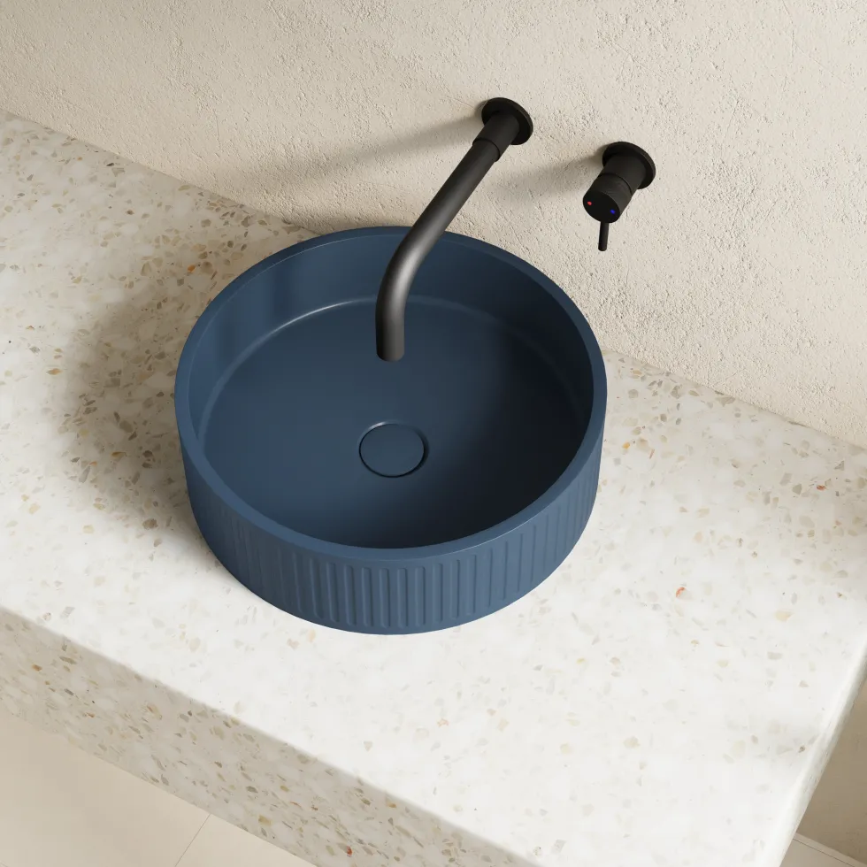 Harbour Concrete 400mm Fluted Round Countertop Bowl - Navy Blue