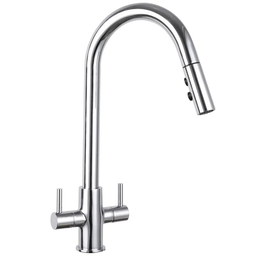 Harbour Pro Twin Lever Mono Pull Out Spray Kitchen Mixer Tap - Polished Chrome