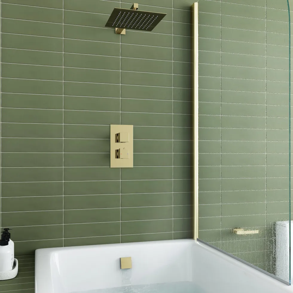 Harbour Status Brushed Brass Shower Package with 2 Outlet Valve, Fixed Head & Arm and Overflow Bath Filler