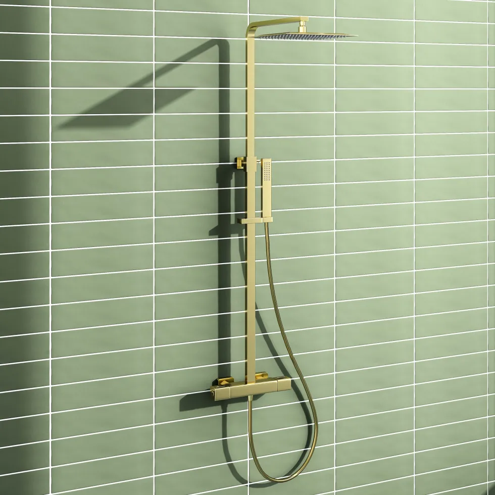 Harbour Status Brushed Brass Square Thermostatic Rigid Riser Shower Kit