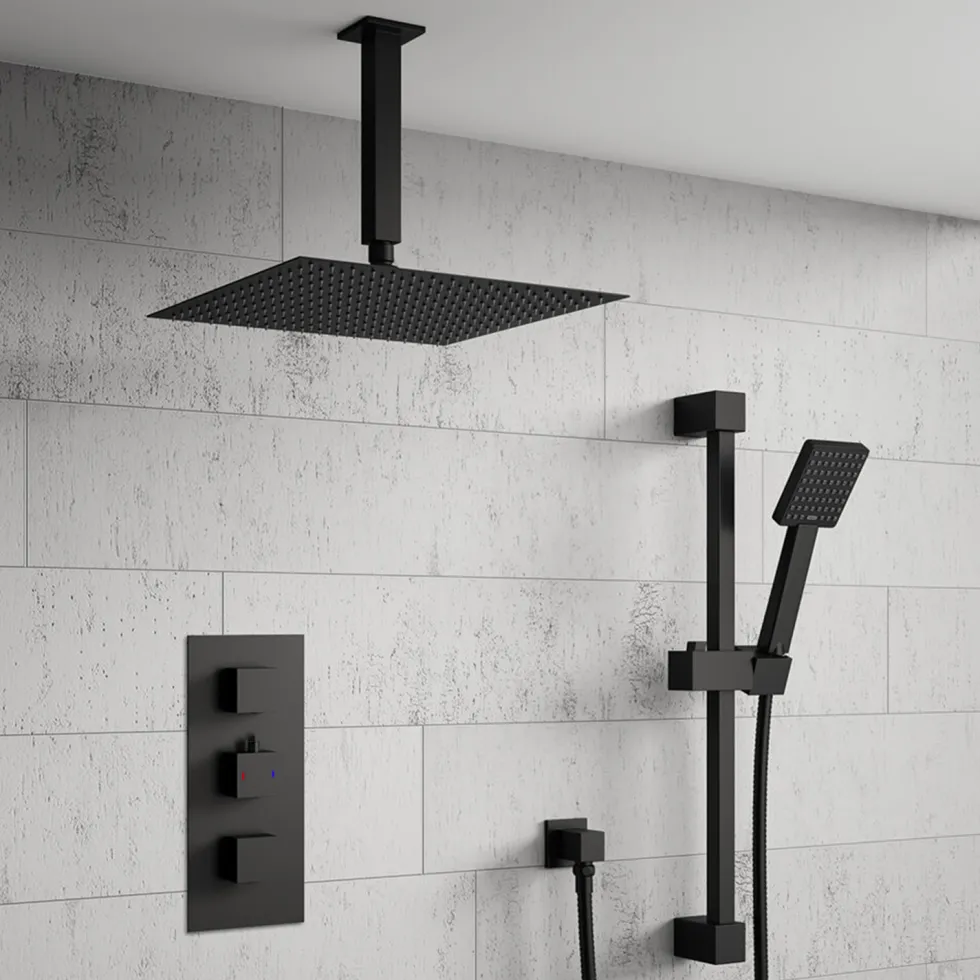 Harbour Status Concealed Shower Valve, Fixed Ceiling Mounted Head & Slide Rail Kit - Matt Black