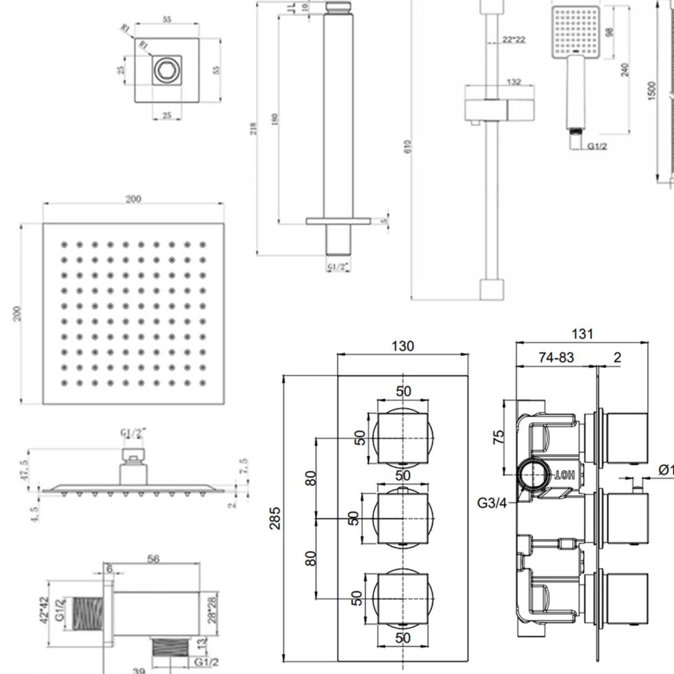 Harbour Status Concealed Shower Valve, Fixed Ceiling Mounted Head & Slide Rail Kit - Matt Black