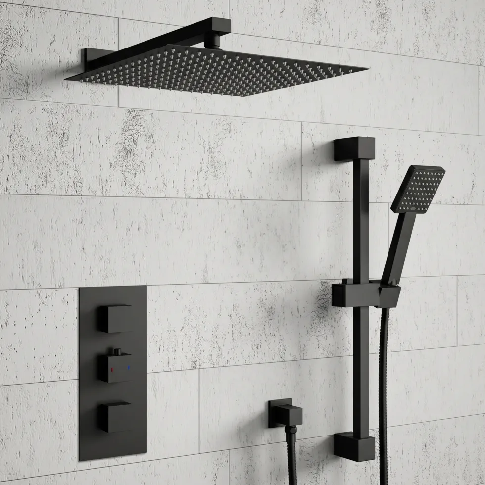 Harbour Status Concealed Shower Valve, Fixed Wall Mounted Head & Slide Rail Kit - Matt Black