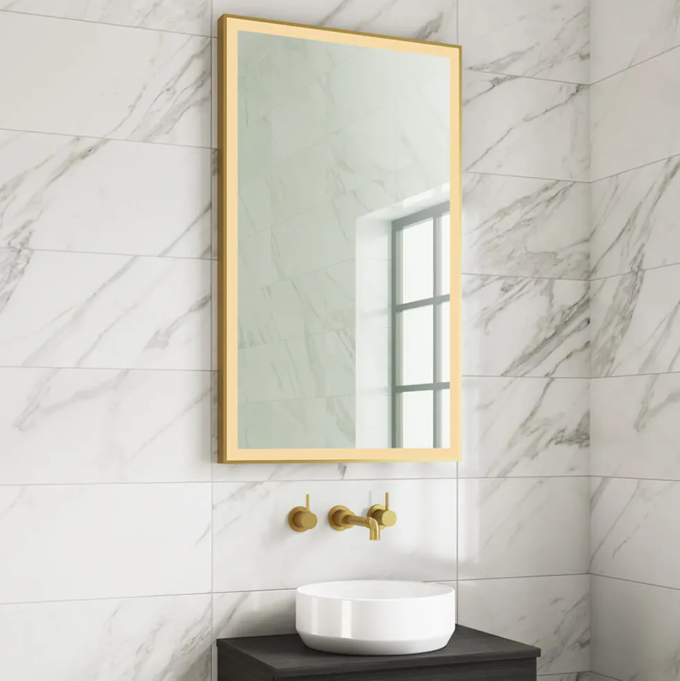 Harbour Status LED Illuminated Brushed Brass Framed Mirror with Demister Pad, Bluetooth & Colour Change LEDs - 600 x 1000mm