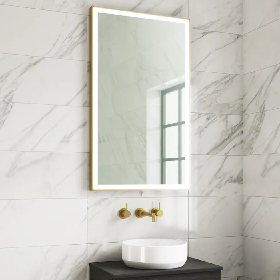 Harbour Status LED Illuminated Brushed Brass Framed Mirror with Demister Pad, Bluetooth & Colour Change LEDs - 600 x 1000mm