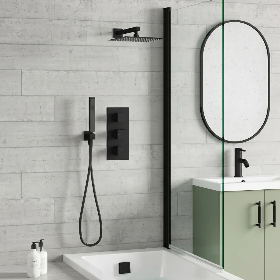 Harbour Status Matt Black Shower Package with 3 Outlet Valve, Fixed Head & Arm, Wall Shower Kit & Overflow Bath Filler