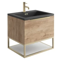 Harbour Virtue 600mm Wall Hung Vanity Unit with LED Illumination, Brushed Brass Frame Shelf and Handle & Basin