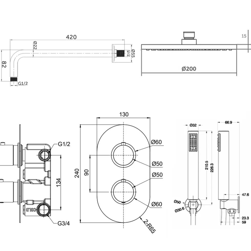 Harper Concealed Shower Valve, Fixed Shower Head & Handset