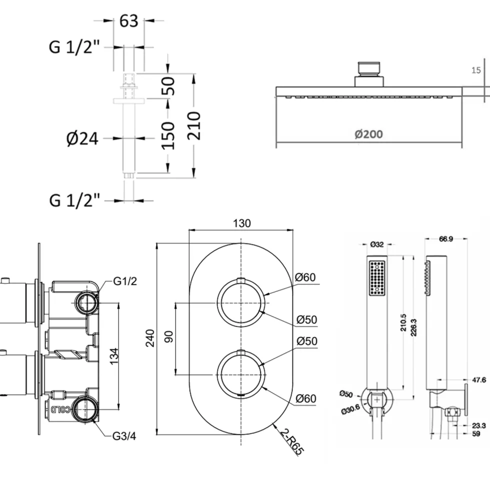 Harper Concealed Shower Valve, Fixed Shower Head & Handset