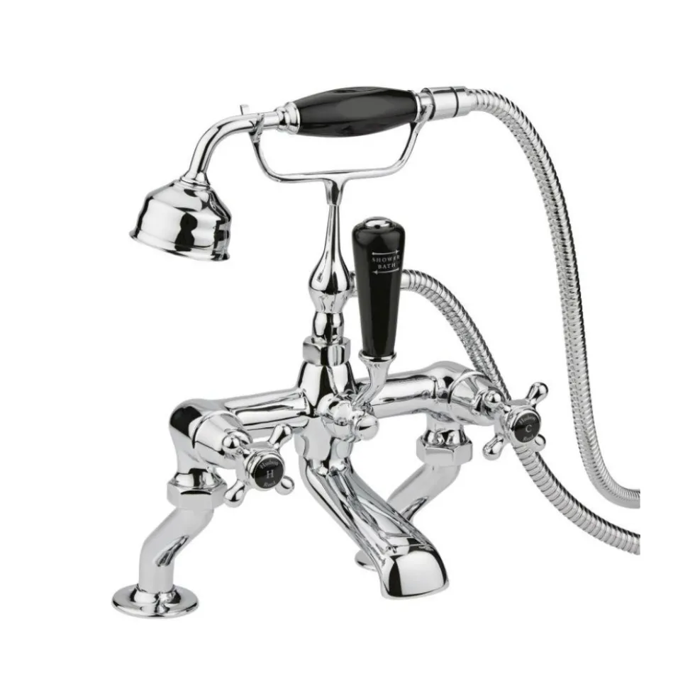 Hudson Reed Black Topaz Crosshead Deck Mounted Bath Shower Mixer with Handset Kit & Dome Collars