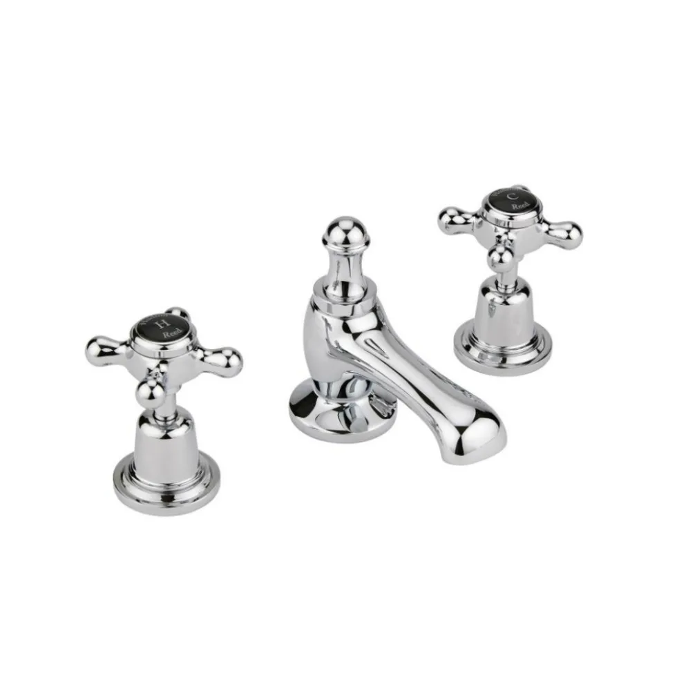 Hudson Reed Black Topaz Crosshead 3 Tap Hole Basin Mixer With Dome Collars - Chrome/Black