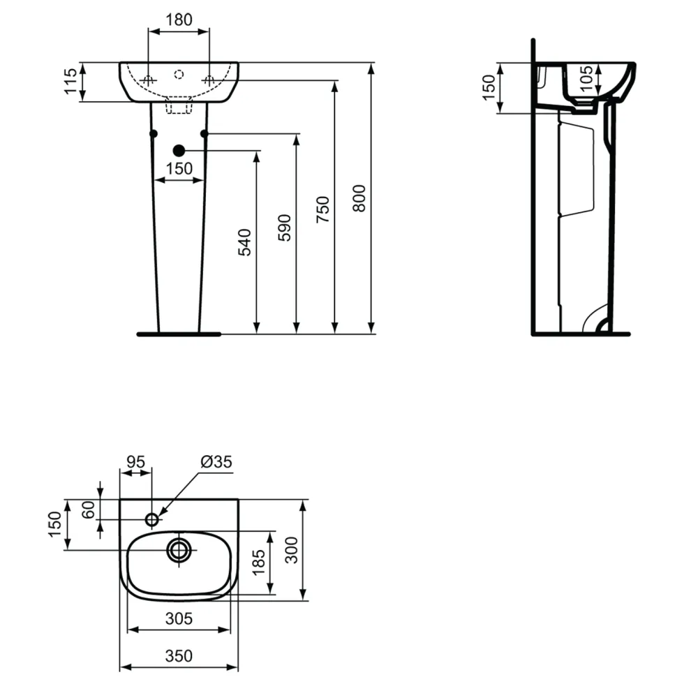 Ideal Standard i.life A 350mm Cloakroom Basin & Pedestal - Left or Right Hand Tap Hole