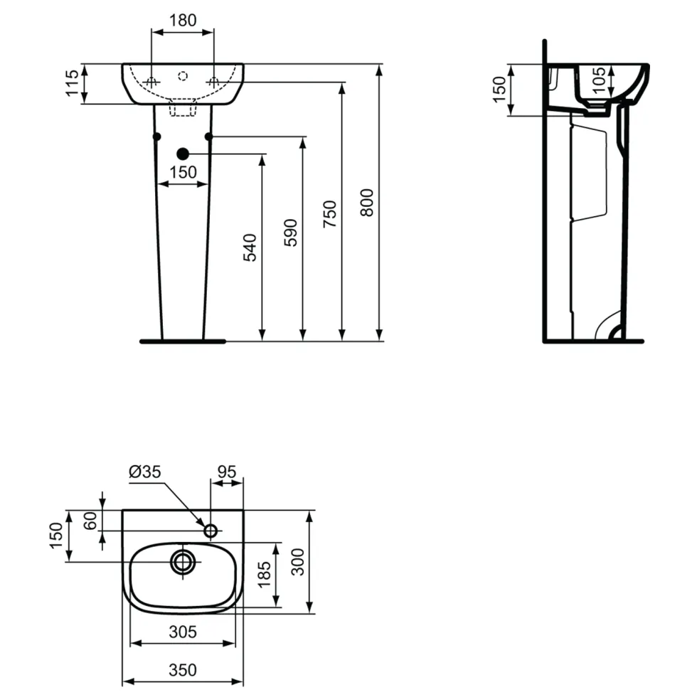Ideal Standard i.life A 350mm Cloakroom Basin & Pedestal - Left or Right Hand Tap Hole
