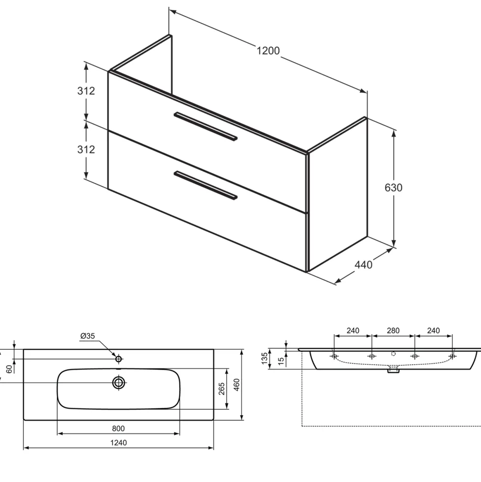Ideal Standard i.life A 1240mm Wall Mounted 2 Drawer Vanity Unit & Basin